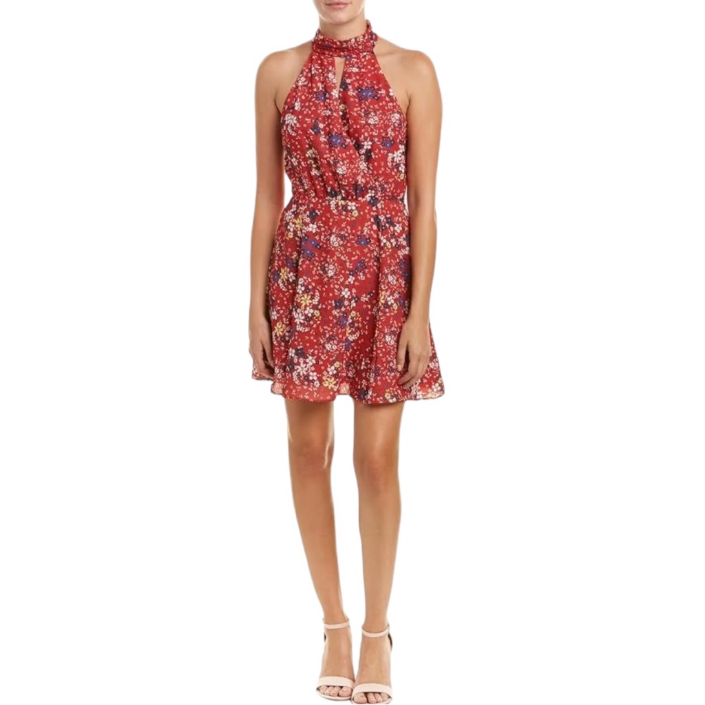 Parker Red Floral Halter High Neck Ruffle Trim Mini Dress Size Xs
